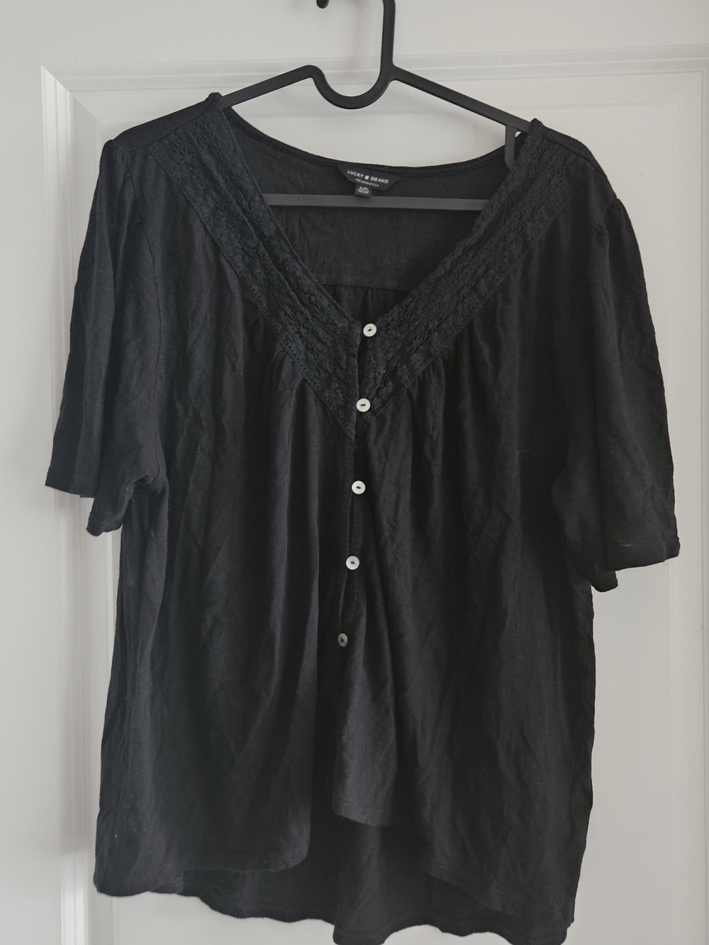 Lucky Brand Black Short-Sleeve Button Front Lace Trim Top